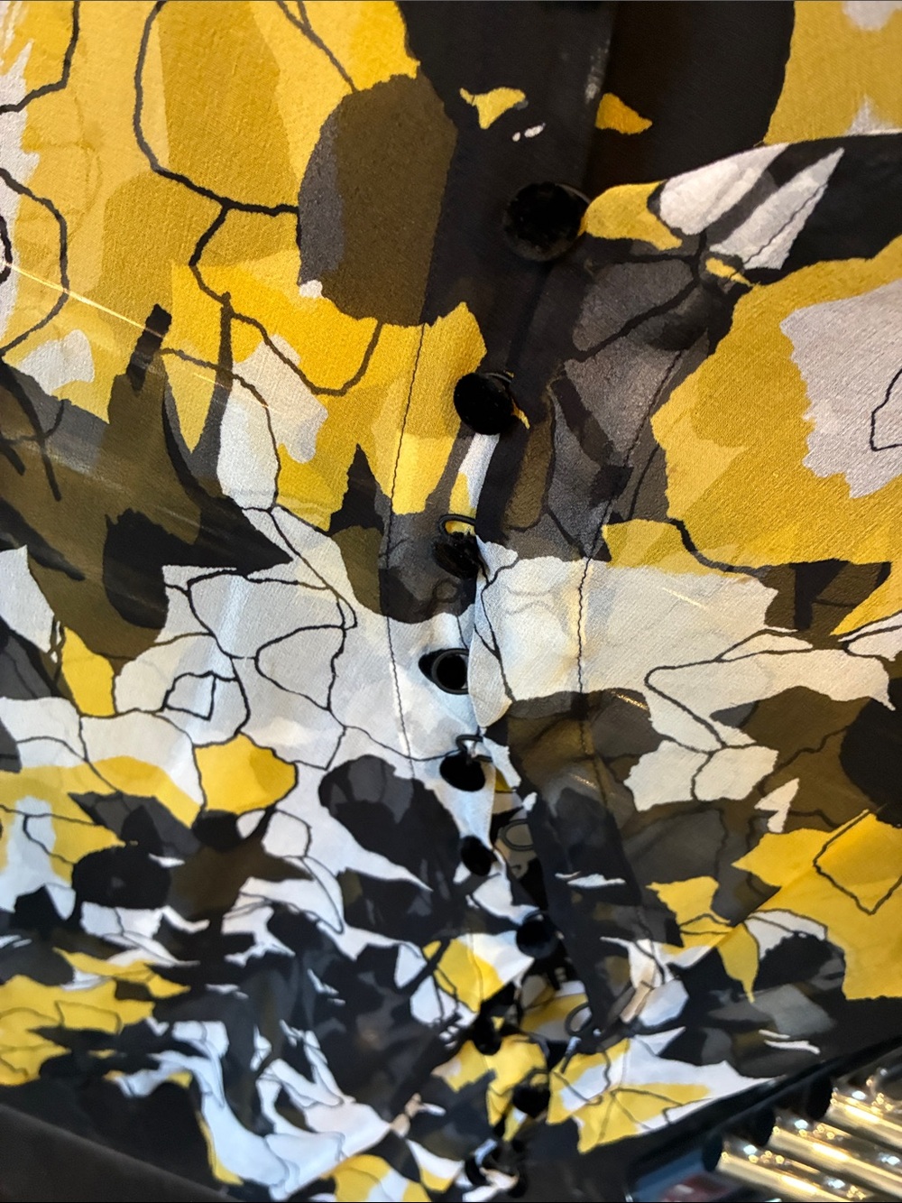 DVF, Diane Von Furstenberg Yellow Black White Silk Floral Button-Front Shirt - Picture 3 of 9
